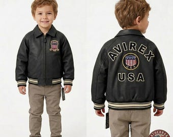 Chaqueta infantil Avirex Style Black Sheep Leather Jacket - Icon Bomber para niños y niñas - Regalo de cuero auténtico