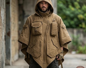 Poncho con capucha de estilo técnico, chaqueta tipo capa táctica samurái del desierto, color beige, estilo cyberpunk.