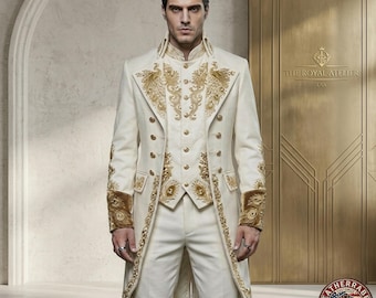 Traje victoriano gótico para hombre hecho a mano en blanco roto y dorado: frac bordado con chaleco y pantalón.