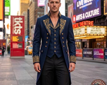 Frac victoriano azul marino con bordado dorado - Traje gótico steampunk a medida - Traje de época para hombre