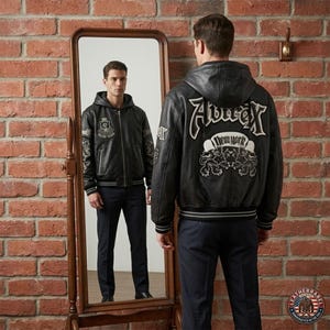 May include: A black leather hooded jacket featuring white and grey embroidered lettering that reads Avirex New York on the back, accompanied by a crest graphic. The front displays a matching crest on the chest and striped ribbed cuffs and hem.