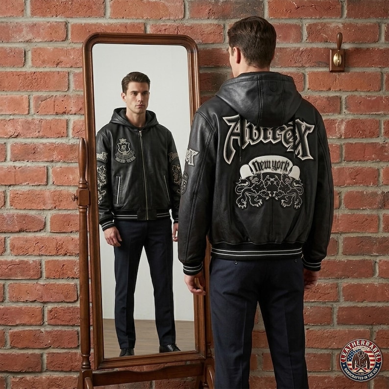 May include: A black leather hooded jacket featuring white and grey embroidered lettering that reads Avirex New York on the back, accompanied by a crest graphic. The front displays a matching crest on the chest and striped ribbed cuffs and hem.