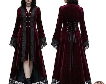 Abrigo largo de terciopelo gótico victoriano burdeos para mujer, estilo steampunk, talla grande, corte personalizado.