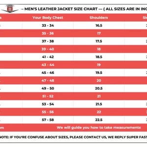Puede incluir: Tabla de tallas de chaquetas de cuero para hombre, con medidas en pulgadas. La tabla incluye tallas de la XXS a la 8XL, con dimensiones de pecho, hombros y mangas. El texto inferior anima a contactar para obtener ayuda con las tallas.