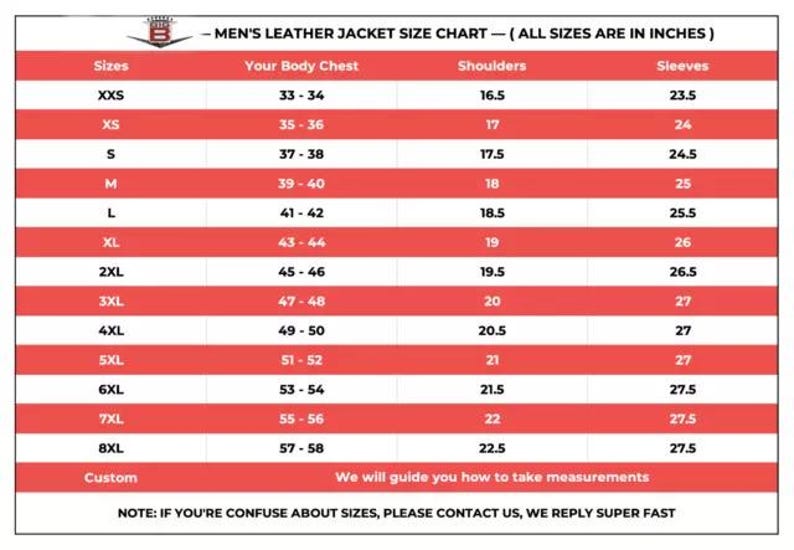 Puede incluir: Tabla de tallas de chaquetas de cuero para hombre, con medidas en pulgadas. La tabla incluye tallas de la XXS a la 8XL, con dimensiones de pecho, hombros y mangas. El texto inferior anima a contactar para obtener ayuda con las tallas.