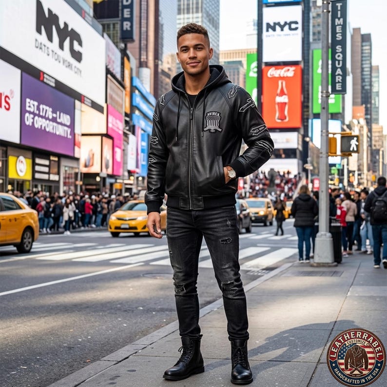 May include: A black leather jacket with a hood, featuring patches and zippers, paired with black jeans and boots. The jacket has the word "AVIREX" on it. The background shows Times Square in New York City.