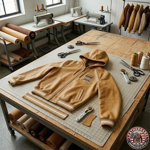 May include: A tan leather jacket with a hood and zipper, featuring a patch on the chest. The jacket is laid out on a cutting table with sewing tools and rolls of leather. The jacket has white and tan striped cuffs and hem.
