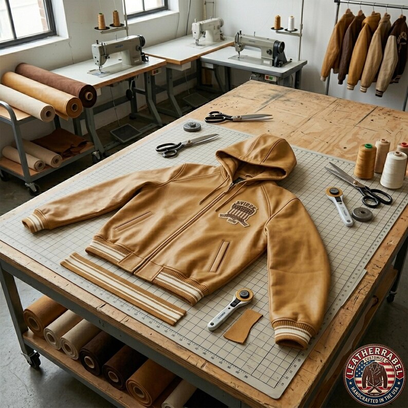 May include: A tan leather jacket with a hood and zipper, featuring a patch on the chest. The jacket is laid out on a cutting table with sewing tools and rolls of leather. The jacket has white and tan striped cuffs and hem.