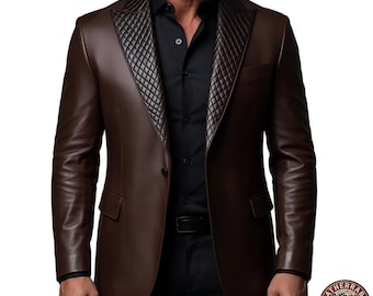 Abrigo de hombre de cuero genuino marrón, hecho a mano y personalizado, de botonadura sencilla.