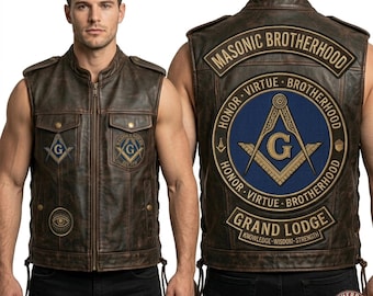 Chaleco de cuero masónico para hombre, chaqueta de motociclista, masón, hecho a mano, cuero genuino, ajuste personalizado, EE. UU.