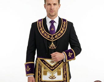 Conjunto de indumentaria masónica: delantal de maestro masón, cuello morado y puños dorados. Regalo para ceremonia de logia.