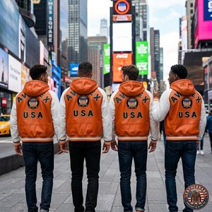 K&ouml;nnte beinhalten: Vier Personen tragen orangefarbene und wei&szlig;e Collegejacken mit dem Aufdruck "AVEX USA" auf dem R&uuml;cken und stehen auf einer Stadtstra&szlig;e. Die Jacken haben eine Kapuze und einen Aufn&auml;her mit einem Logo. Die Jacken werden mit dunkelblauen Jeans kombiniert.