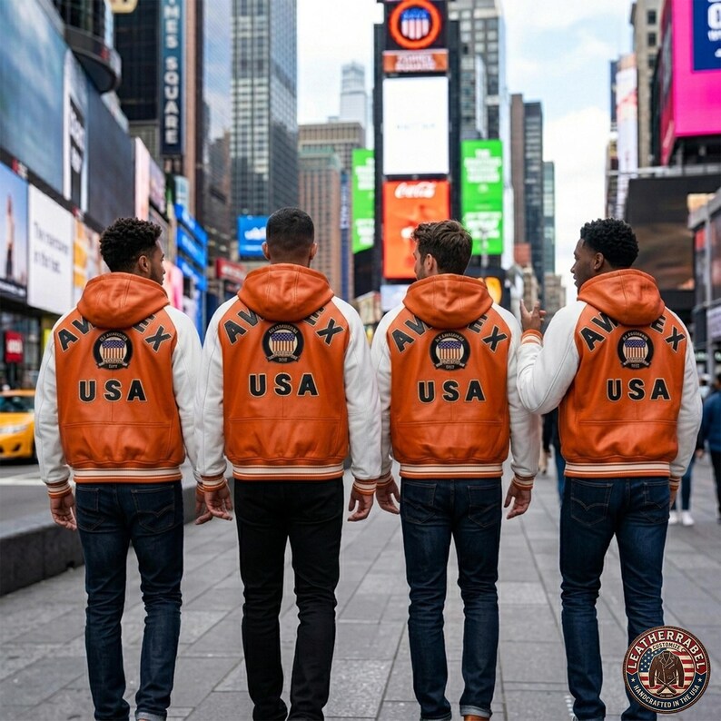 K&ouml;nnte beinhalten: Vier Personen tragen orangefarbene und wei&szlig;e Collegejacken mit dem Aufdruck "AVEX USA" auf dem R&uuml;cken und stehen auf einer Stadtstra&szlig;e. Die Jacken haben eine Kapuze und einen Aufn&auml;her mit einem Logo. Die Jacken werden mit dunkelblauen Jeans kombiniert.
