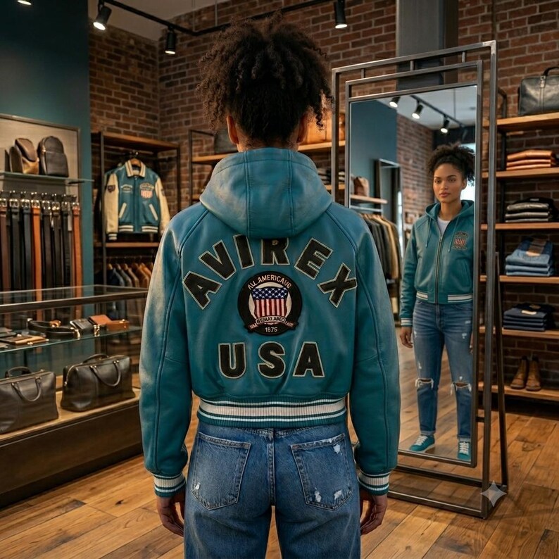 K&ouml;nnte beinhalten: Eine t&uuml;rkisfarbene Lederjacke mit Kapuze, dem Schriftzug AVIREX USA und einem runden Aufn&auml;her der amerikanischen Flagge auf dem R&uuml;cken. Die Jacke hat gerippte B&uuml;ndchen und einen Saum mit wei&szlig;en und dunklen Streifen und wird zu Jeans getragen.