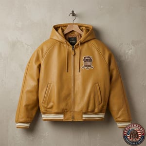 May include: Mustard yellow leather jacket with a hood, zipper closure, and ribbed cuffs and hem with white stripes. Features a patch with the text "AVIREX" and a logo. The jacket is hanging on a wooden hanger.