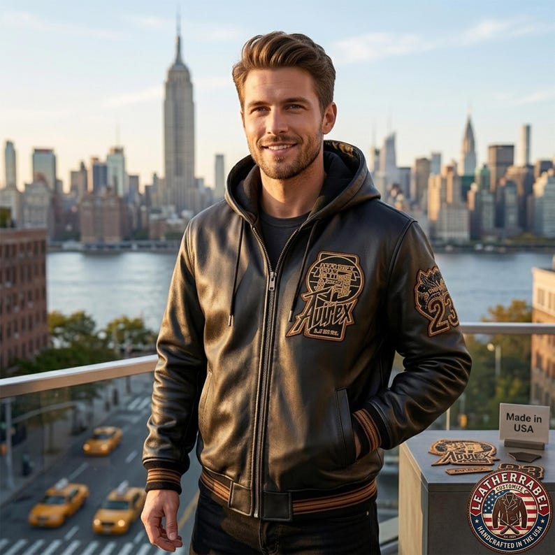 May include: A black leather hooded jacket featuring a front zipper, ribbed cuffs with brown stripes, and embroidered patches on the chest and sleeve. The chest patch displays the text Avirex, while the sleeve patch features the number 23.