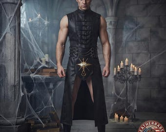 Halloween-Herren-Kostüm aus Leder, Gothic-Steampunk-Kostüm, alternatives Festival-Set mit langem Rock