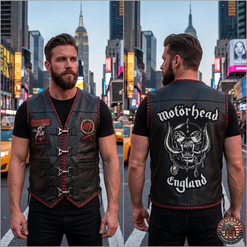 K&ouml;nnte beinhalten: Schwarze Lederweste mit roten N&auml;hten und Metallschnallen. Mit Aufn&auml;hern mit Bandlogos und dem Text "Mot&ouml;rhead England". Die Weste wird &uuml;ber einem schwarzen T-Shirt getragen.