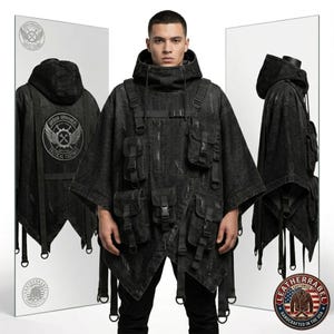 Cyberpunk Denim Jeans Poncho, Taktisk Techwear Cape, Futuristisk Gotisk Utility Jacka, Festivalutrustning
