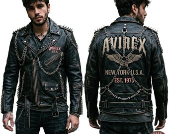 Avirex Inspired Mens Gothic Biker Leather Jacket Chain Studded Cowhide Handmade Punk Moto Coat