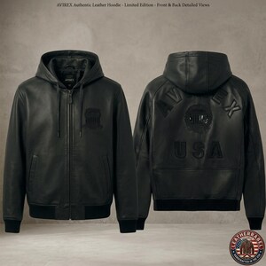 Op de afbeelding: Zwarte leren hoodie met een ritssluiting aan de voorkant, capuchon en geribde manchetten en zoom. De voorkant heeft een logopatch en de achterkant toont de tekst "AVIREX USA". De afbeelding toont gedetailleerde aanzichten van voor- en achterkant.