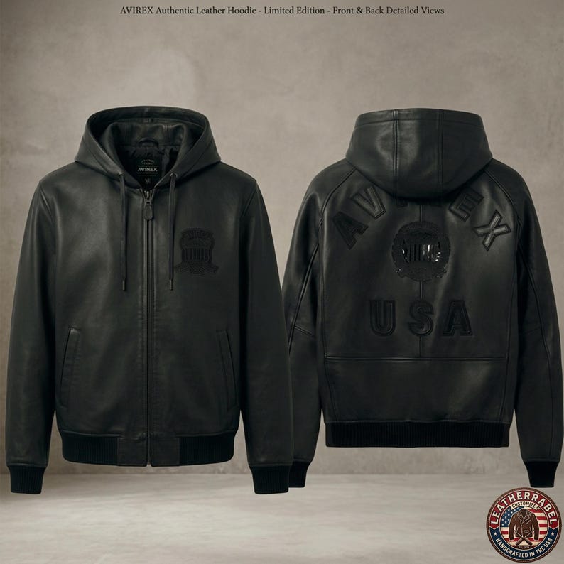 Op de afbeelding: Zwarte leren hoodie met een ritssluiting aan de voorkant, capuchon en geribde manchetten en zoom. De voorkant heeft een logopatch en de achterkant toont de tekst "AVIREX USA". De afbeelding toont gedetailleerde aanzichten van voor- en achterkant.