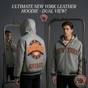 Puede incluir: Una sudadera con capucha de cuero gris claro con el texto ULTIMATE NEW YORK LEATHER HOODIE - DUAL VIEW! La parte trasera muestra un gran logotipo circular naranja y azul de los New York Knicks con la palabra AVIREX debajo. El frente muestra NEW YORK.