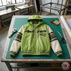 May include: A green leather jacket with a hood and white sleeves. The jacket features the text "Avirex" in black and green stripes on the sleeves and bottom hem. The jacket is displayed on a green cutting mat.