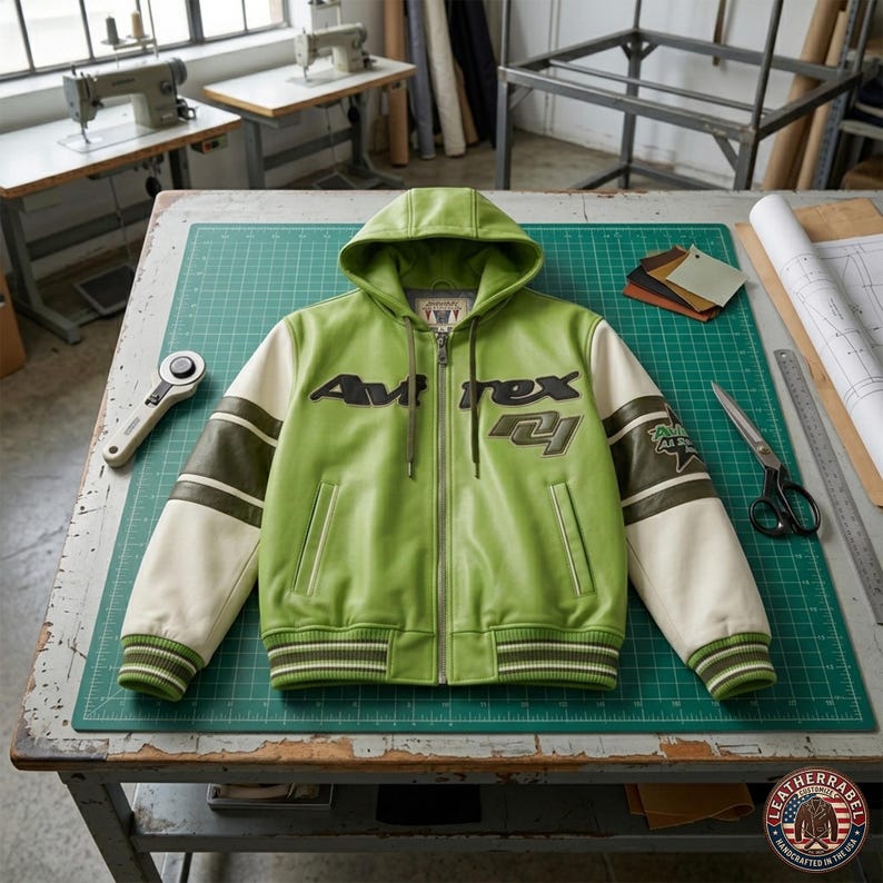 May include: A green leather jacket with a hood and white sleeves. The jacket features the text "Avirex" in black and green stripes on the sleeves and bottom hem. The jacket is displayed on a green cutting mat.