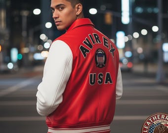 Chaqueta de cuero roja y blanca estilo universitario para hombre, estilo bomber de piel de vaca, estilo estadounidense, ropa urbana personalizada.