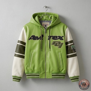 May include: A green leather jacket with a hood, white sleeves, and olive green stripes. The jacket features the text "Avirex" in black and a patch that says "All Stars". The jacket is hanging on a metal hanger.