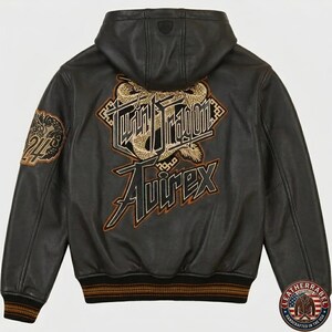 May include: A black leather hooded jacket featuring a large embroidered graphic on the back with a golden dragon and the text Twin Dragon Avirex. The left sleeve displays a circular patch with the number 24 and a dragon motif, with ribbed trim.