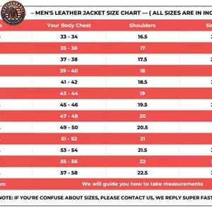 Op de afbeelding: Een maattabel voor leren jassen voor heren, met afmetingen in inches voor borst, schouders en mouwen. Maten vari&euml;ren van XXS tot 8XL, met een aangepaste optie. De tabel bevat de tekst "NOTE: IF YOU'RE CONFUSE ABOUT SIZES, PLEASE CONTACT US, WE REPLY SUPER FAST."