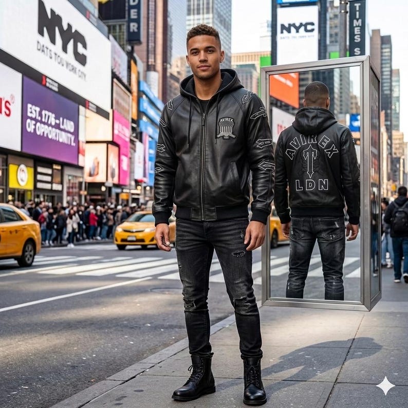 May include: A black leather jacket with white embroidered details, a hood, and the text "AVIREX" on the chest. The back of the jacket has the text "AVIREX LDN". The person is wearing black jeans and boots. The background is a city street.