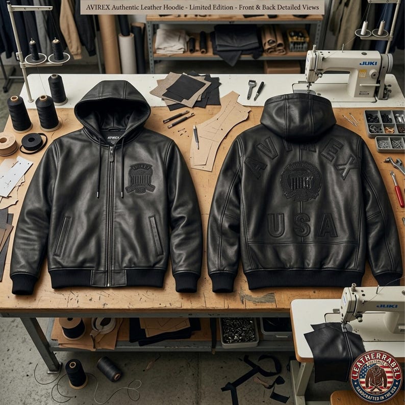 Op de afbeelding: Voor- en achteraanzicht van een zwarte leren hoodie. De voorkant heeft een logopatch, de achterkant toont de merknaam en "USA". De hoodie ligt op een houten werkbank met naai-uitrusting.