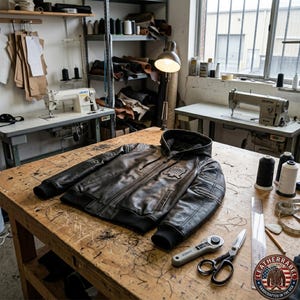 May include: A black leather jacket with a hood, zipper, and white stitching details, resting on a wooden workbench. The jacket has patches on the chest and sleeves. Sewing machines, spools of thread, and cutting tools are also visible.