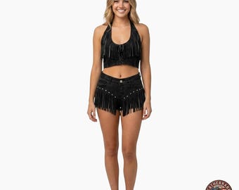 Conjunto de cuero negro con flecos para mujer, hecho a mano, estilo western bohemio, talla personalizada, estilo vaquero para festivales.