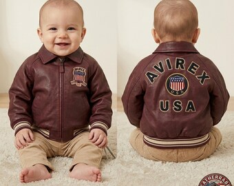 Chaqueta de cuero para bebé color burdeos - Regalo de primer cumpleaños Chaqueta bomber estilo universitario para niños pequeños - Abrigo de aviador para niños