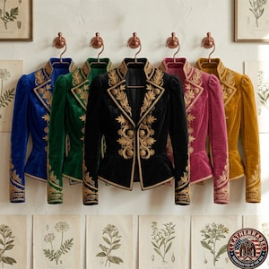 Op de afbeelding: Een rij fluwelen jasjes in blauw, groen, zwart, roze en goud, elk versierd met ingewikkelde gouden borduursels. De jasjes hangen aan hangers tegen een neutrale muur, met botanische prenten eronder. De jasjes hebben een getailleerde pasvorm.