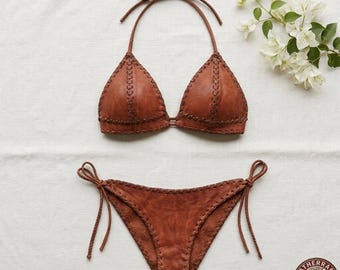 Conjunto de bikini de cuero - Sujetador y chanclas de estilo vaquero occidental hechos a mano - Lencería de cuero auténtico a medida