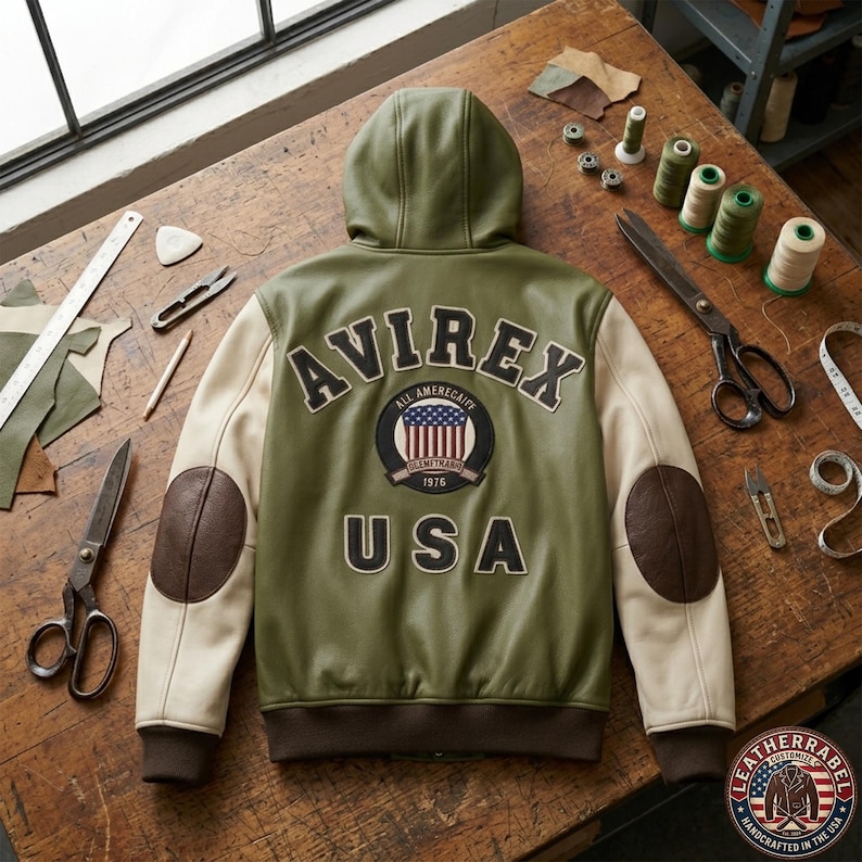 May include: An olive green hooded jacket with cream-colored sleeves and dark brown elbow patches. The back features the text AVIREX and USA in black lettering, along with a circular patch displaying an American flag and the text 1976.