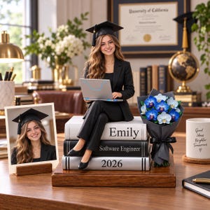 Custom Graduation Figurine Female, Personalized Software Engineer Gift For Class of 2026, Unique Graduate Desk Decor With Laptop And Books