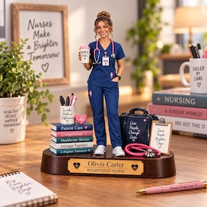 Może przedstawiać: Figurka pielęgniarki w granatowym stroju trzymającej kubek z napisem Nurse Fuel, stojąca na drewnianej podstawie z tabliczką Olivia Carter Registered Nurse, otoczona miniaturowymi książkami, stetoskopem i torbą medyczną.