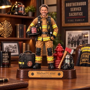 Könnte beinhalten: Eine Feuerwehrfigur in beiger Schutzkleidung mit gelben Reflexstreifen, die einen schwarzen Helm mit der Aufschrift 27 Carter hält. Der Sockel zeigt ein Namensschild Michael Carter Firefighter, eine schwarze Tasche, einen Hydranten und eine Axt.