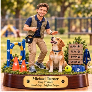 May include: A figurine of a dog trainer wearing a vest and khaki pants, standing next to a golden dog. The base features a plaque reading Michael Turner Dog Trainer Good Dogs. Brighter People. Includes agility equipment, a sign with text Train Play Bond Grow, and a blue bowl.