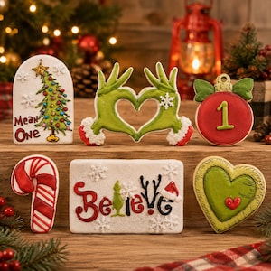 Gricnh Christmas Wooden Block Set, Mean One Shelf Sitter, Believe Sign, Candy Cane and Grinch Heart Holiday Table Decor