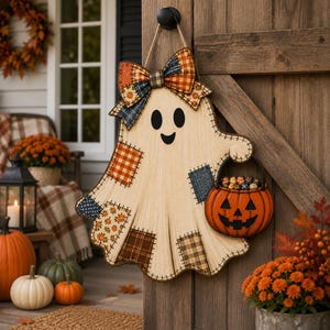 Puede incluir: Un adorno de pared de madera con forma de fantasma, un lazo de cuadros grande en la parte superior y un pequeño cubo naranja de calabaza lleno de dulces. El fantasma tiene un acabado de madera clara con parches de tela estampados.