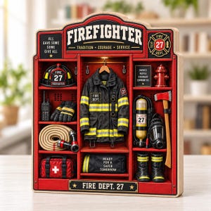 May include: A red wooden firefighter locker display featuring a black jacket with yellow reflective stripes, a helmet labeled 27, a fire hose, a red medical bag, a fire hydrant, an axe, a gas mask, and text reading Firefighter Tradition Courage Service.
