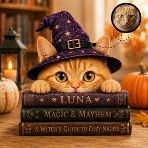 Può includere: Un gatto soriano arancione che indossa un cappello da strega viola con stelle dorate e una cintura nera, che appoggia le zampe su una pila di tre libri. I libri sono intitolati LUNA, MAGIC & MAYHEM e A WITCH'S GUIDE TO COZY NIGHTS. Un inserto circolare mostra un muso di gatto.