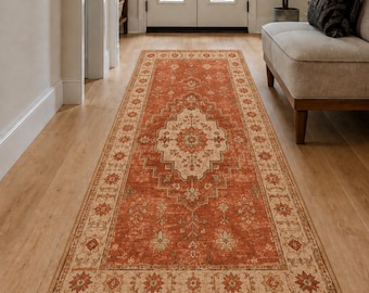 Vintage Turkish Runner Rug, Washable Oushak Boho Hallway Decor R3
